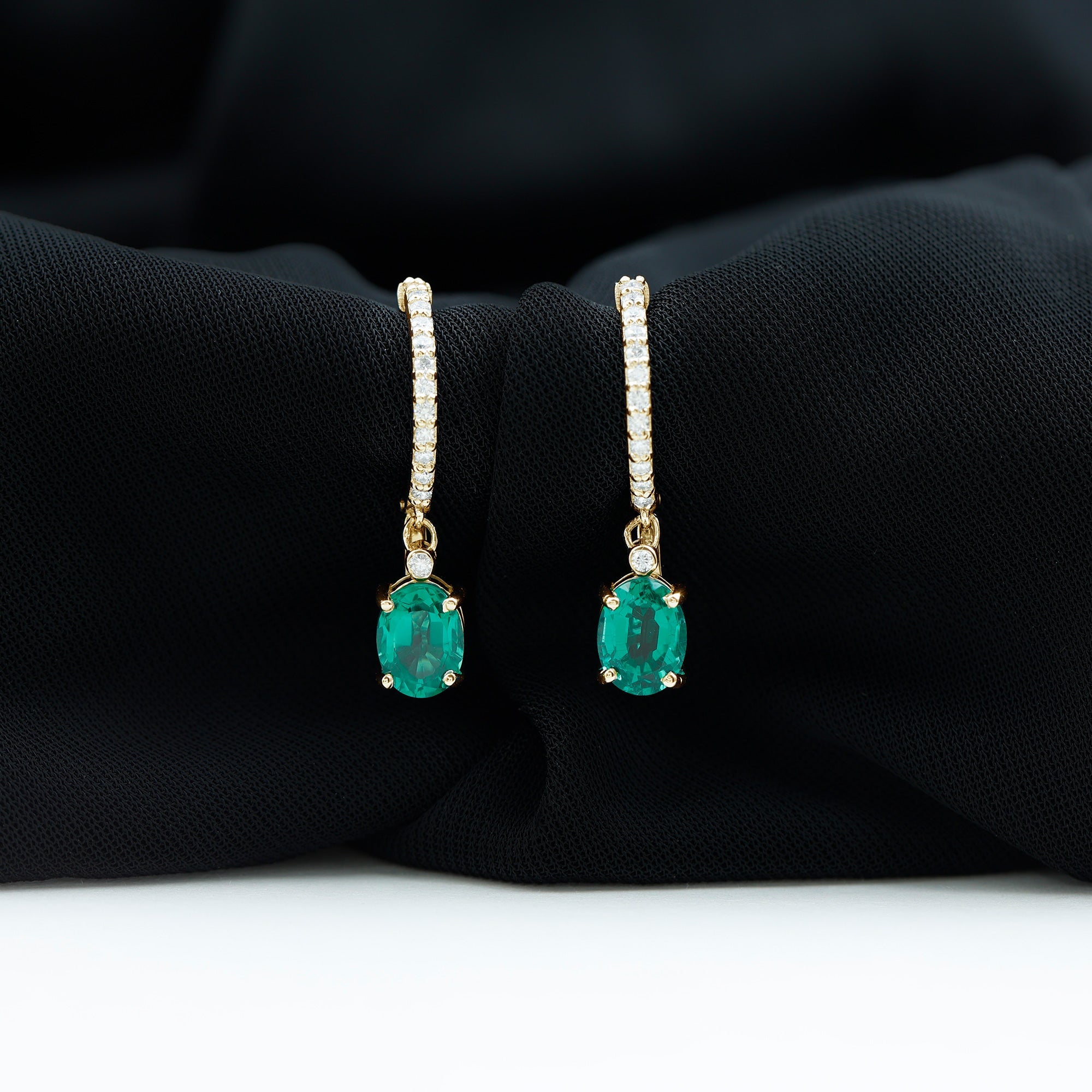 2.5 Carat Oval Cut Lab Grown Emerald and Diamond Hoop Earrings