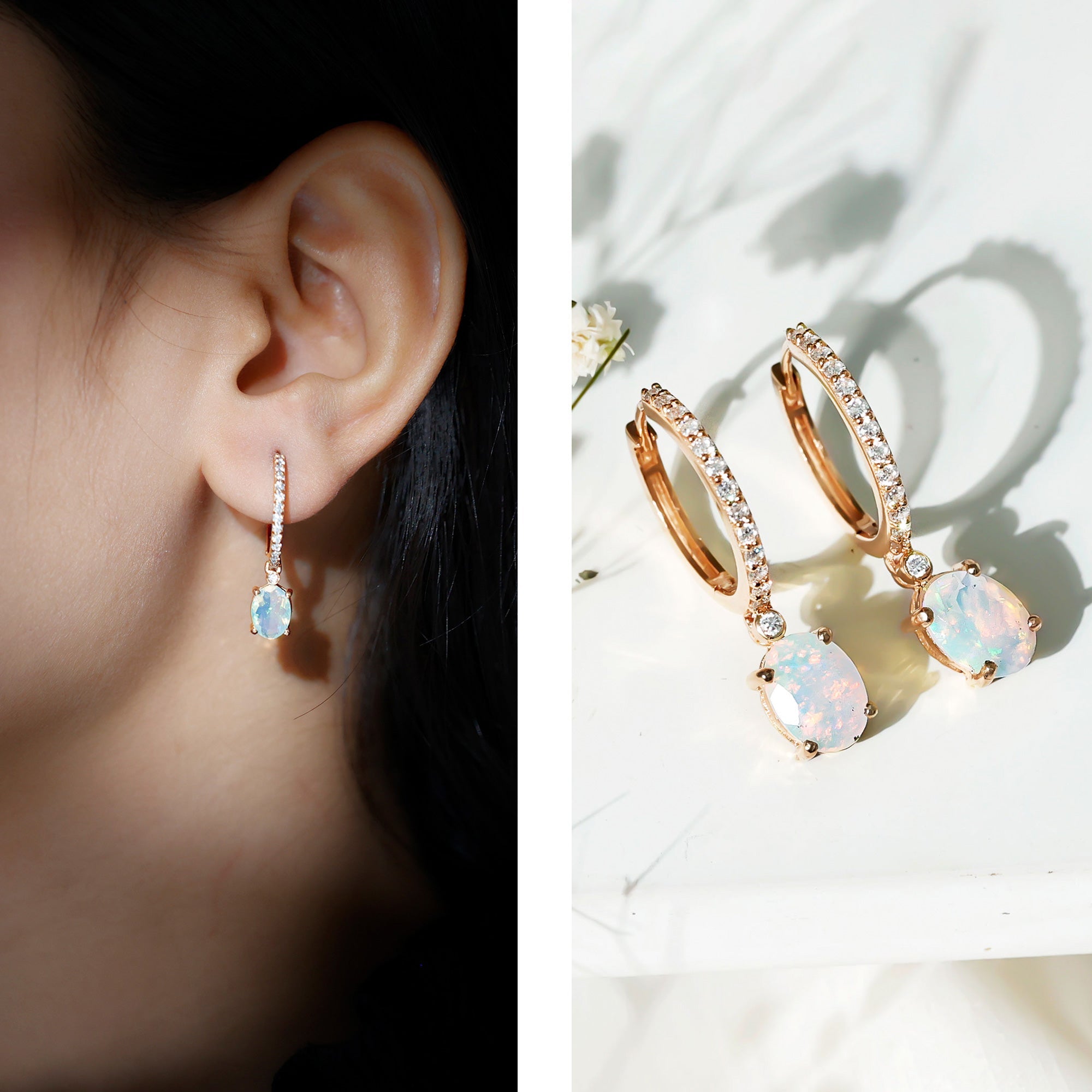 Oval Ethiopian Opal Drop Earrings with Moissanite Hoop