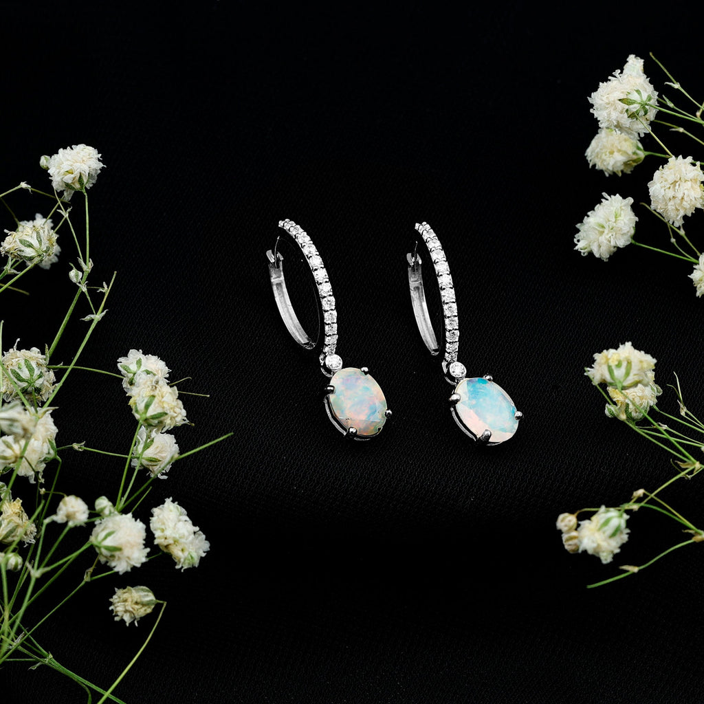 Oval Ethiopian Opal Drop Earrings with Moissanite Hoop