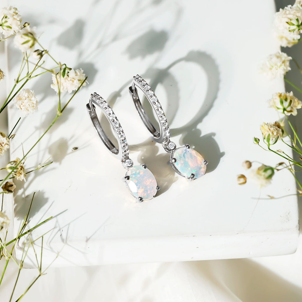 Oval Ethiopian Opal Drop Earrings with Moissanite Hoop