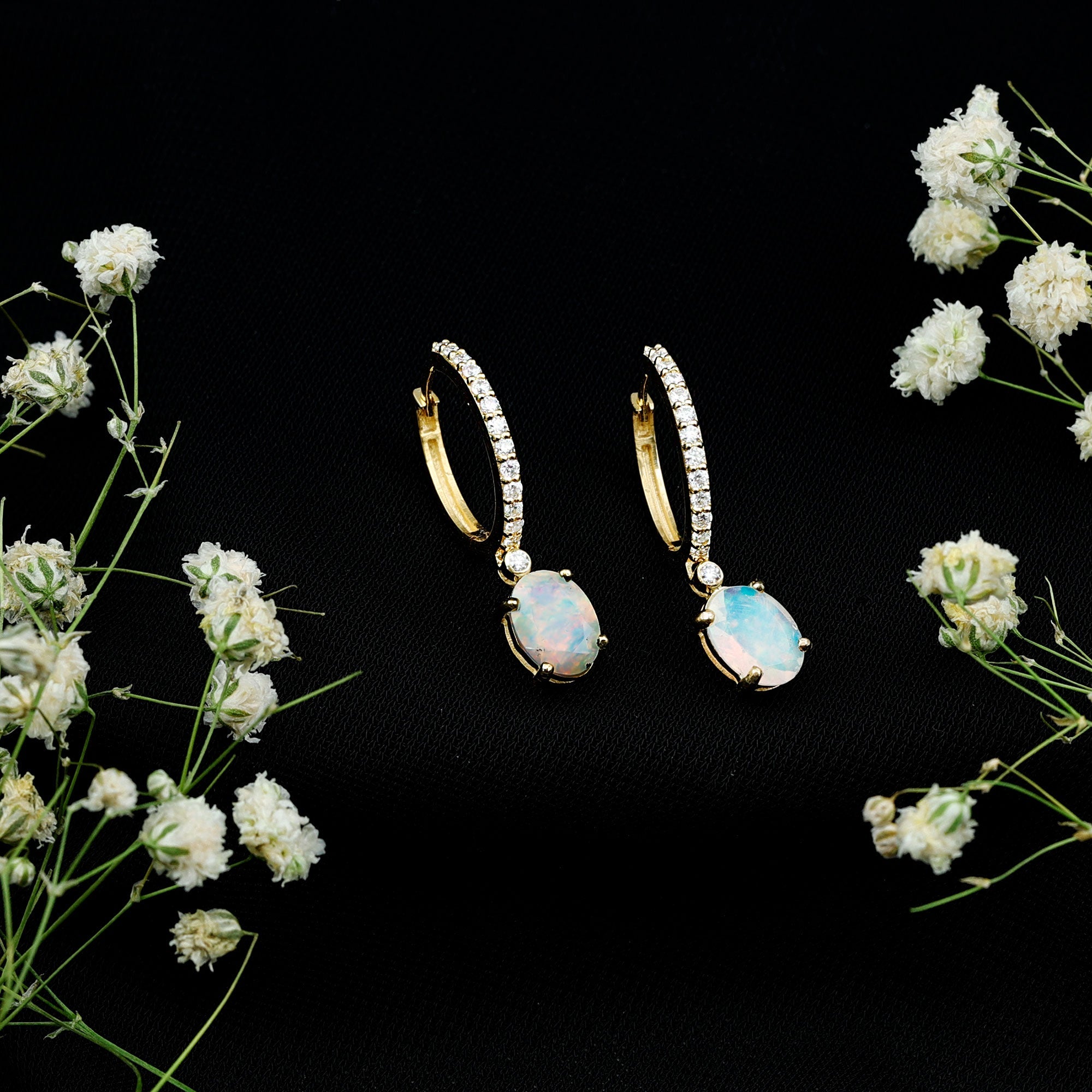 Oval Ethiopian Opal Drop Earrings with Moissanite Hoop