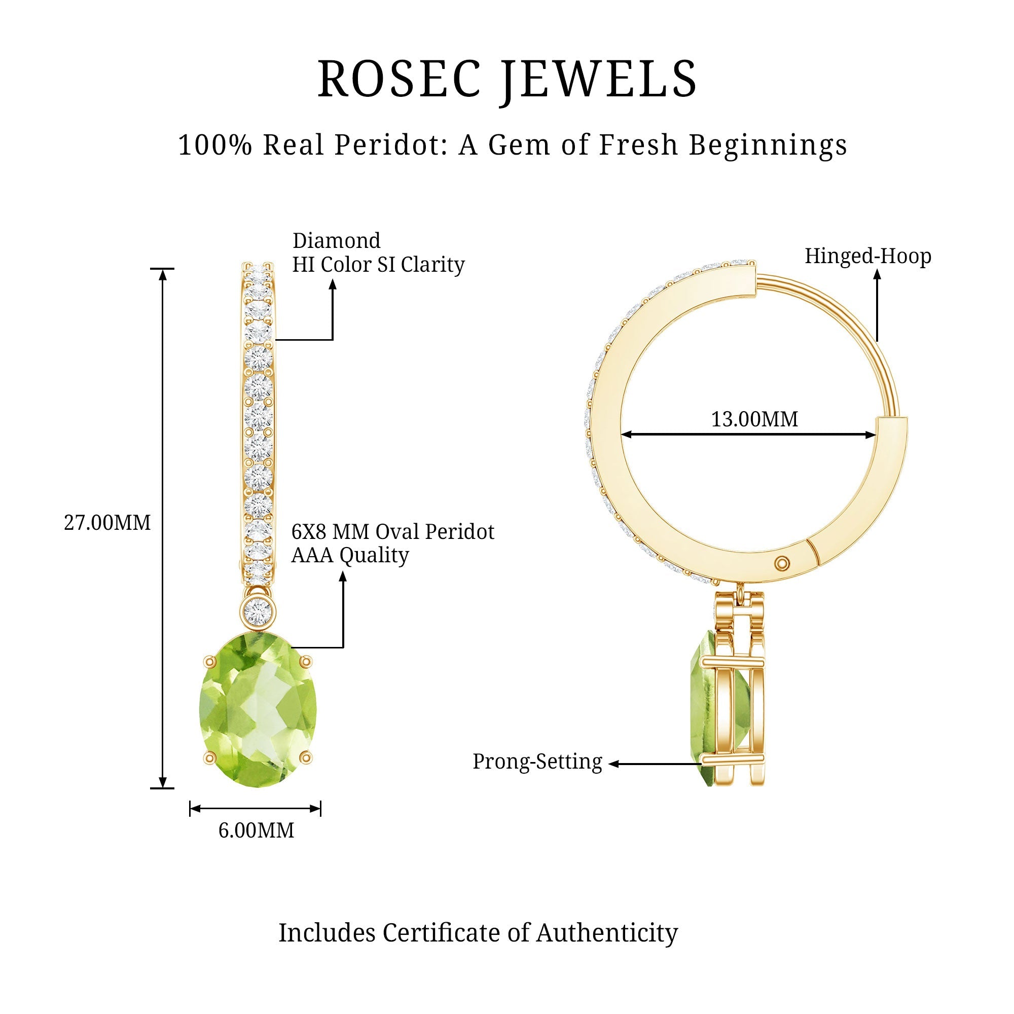 Natural 2.2 Carat Peridot Drop Hoop Earrings with Diamond