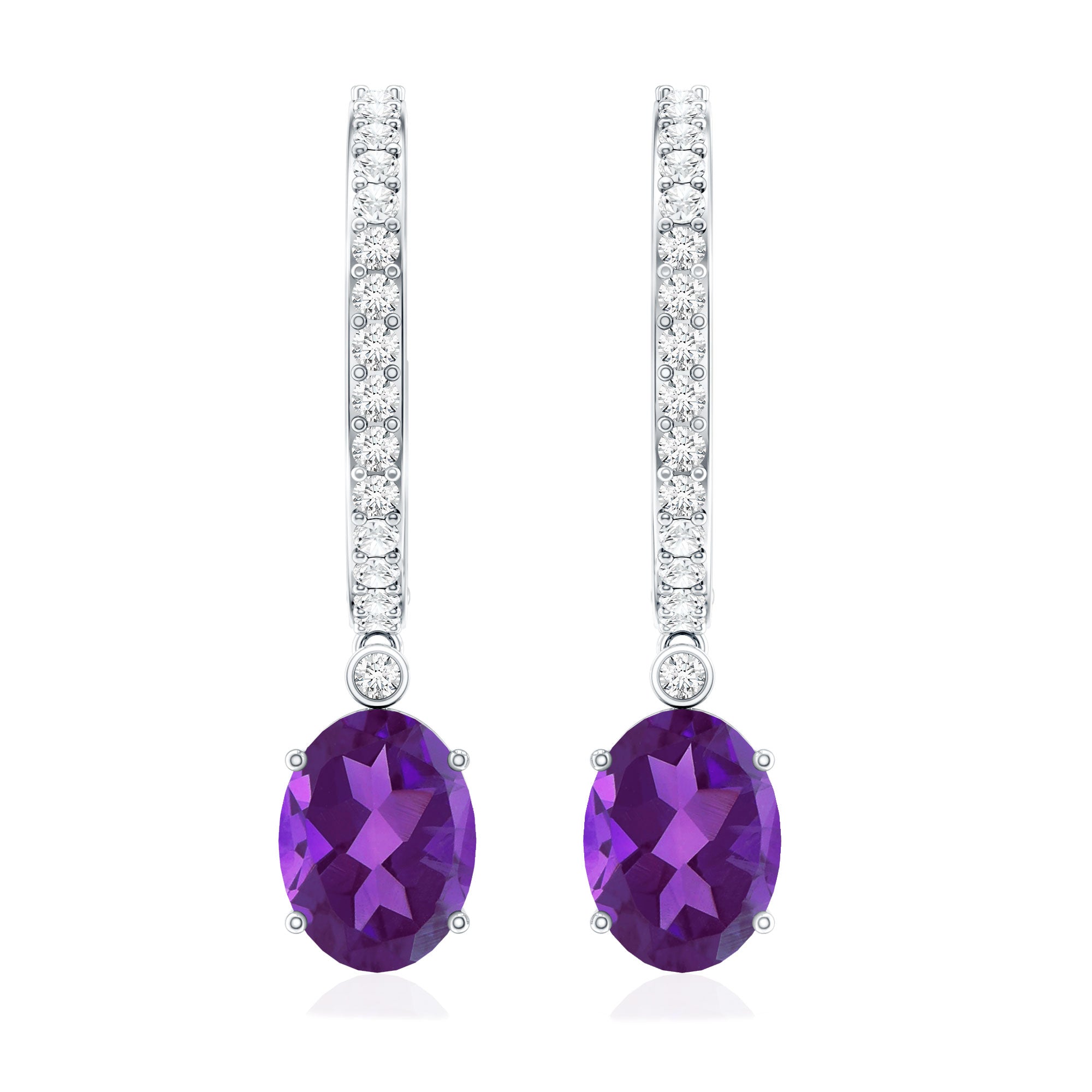 Real 2.2 Carat Oval Amethyst Diamond Hoop Earrings With Diamonds