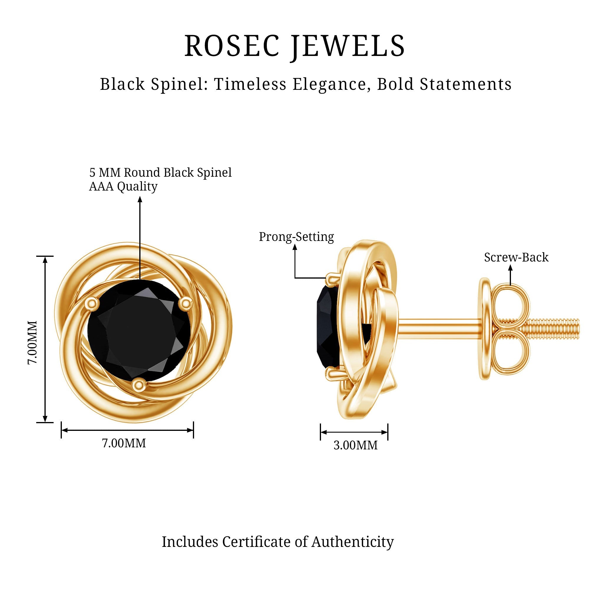 0.9 Carat Black Spinel Swirl Stud Earrings with Screw Backs