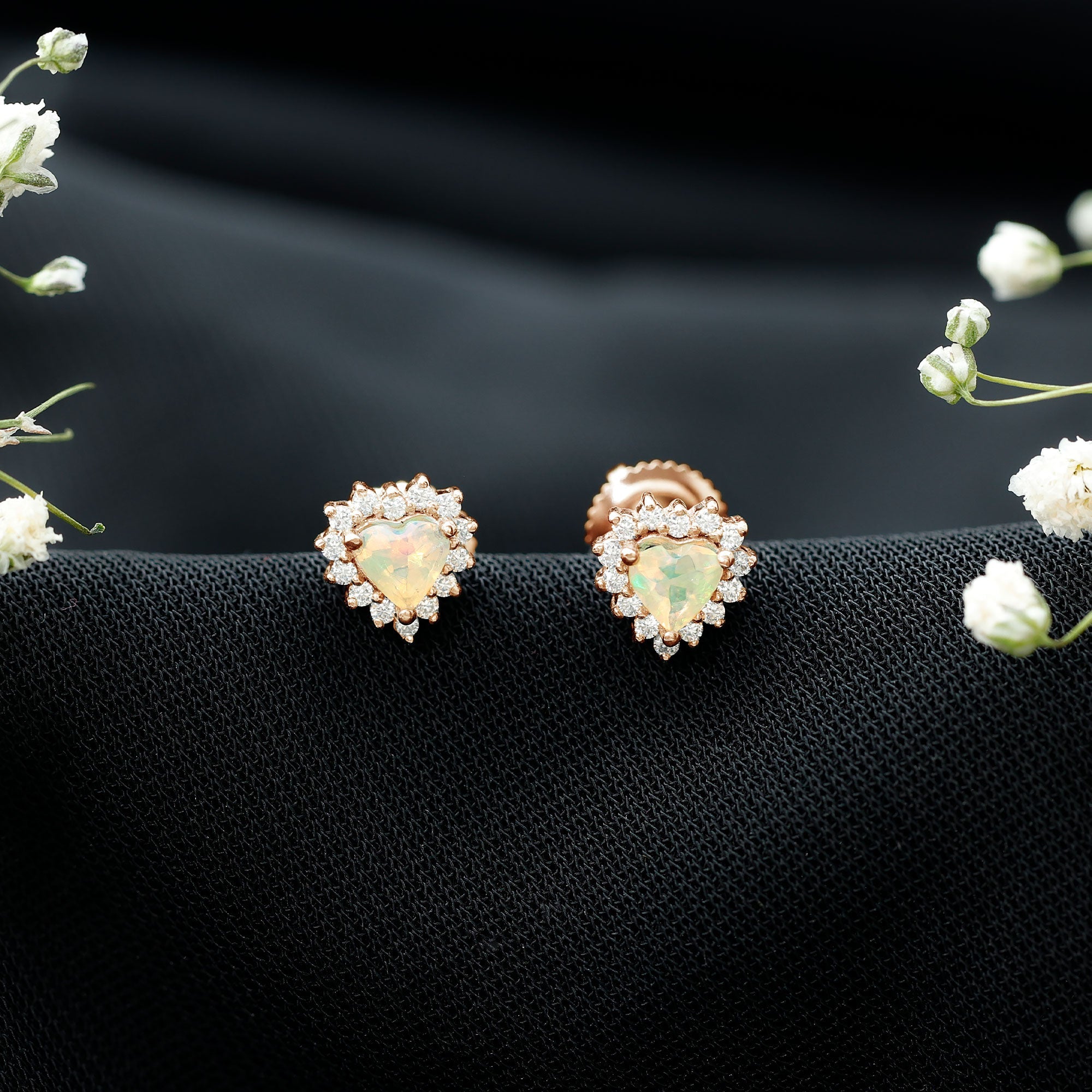 1.5 Carat Natural Ethiopian Opal Heart Earrings with Diamond Halo