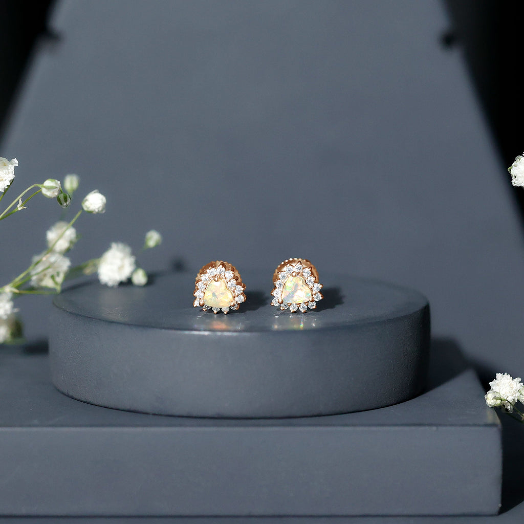 1.5 Carat Natural Ethiopian Opal Heart Earrings with Diamond Halo