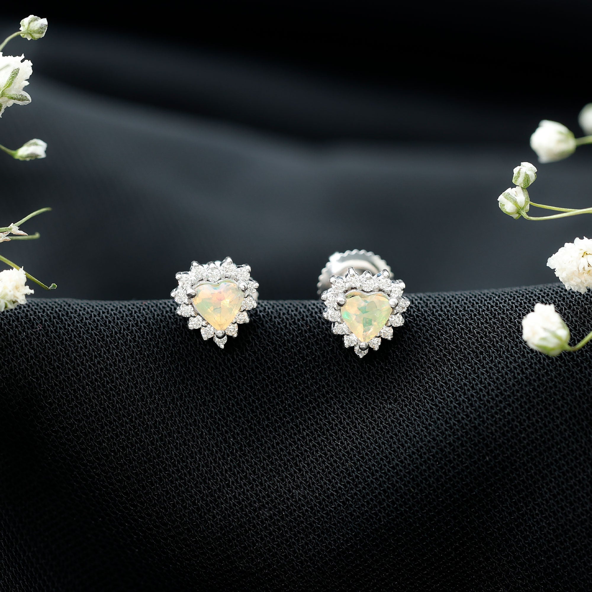 1.5 Carat Natural Ethiopian Opal Heart Earrings with Diamond Halo