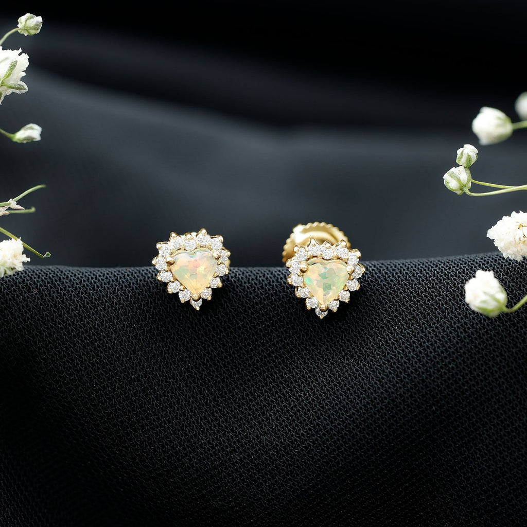 1.5 Carat Natural Ethiopian Opal Heart Earrings with Diamond Halo