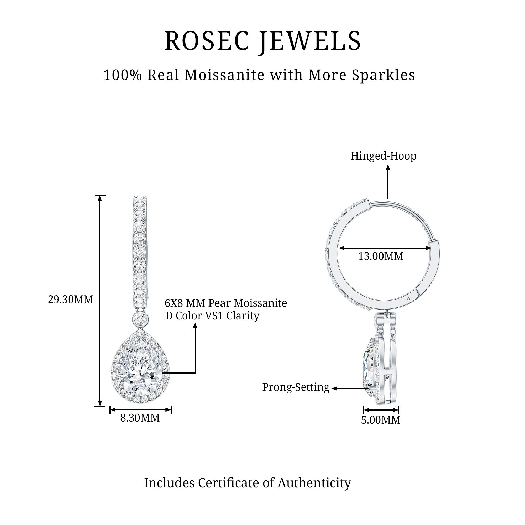Certified Moissanite Teardrop Earrings with Hinged Hoop