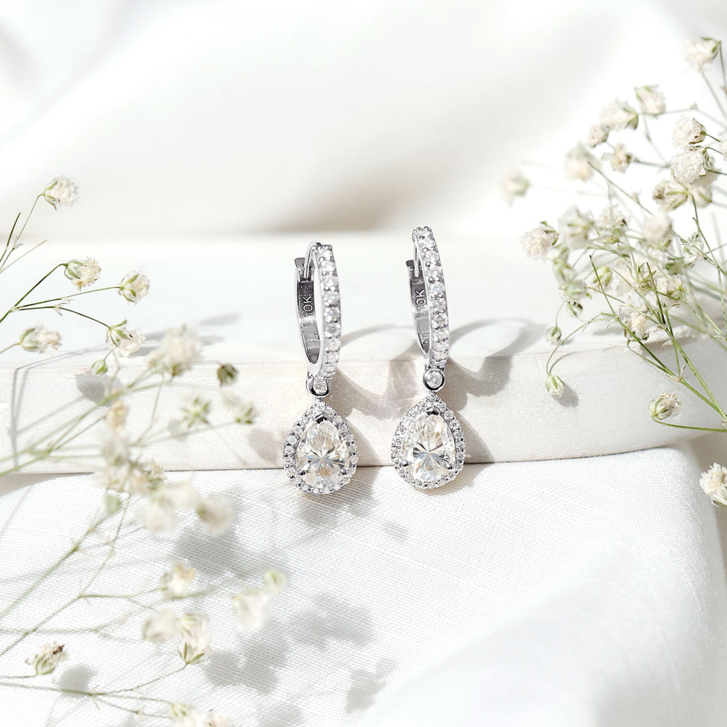 Certified Moissanite Teardrop Earrings with Hinged Hoop