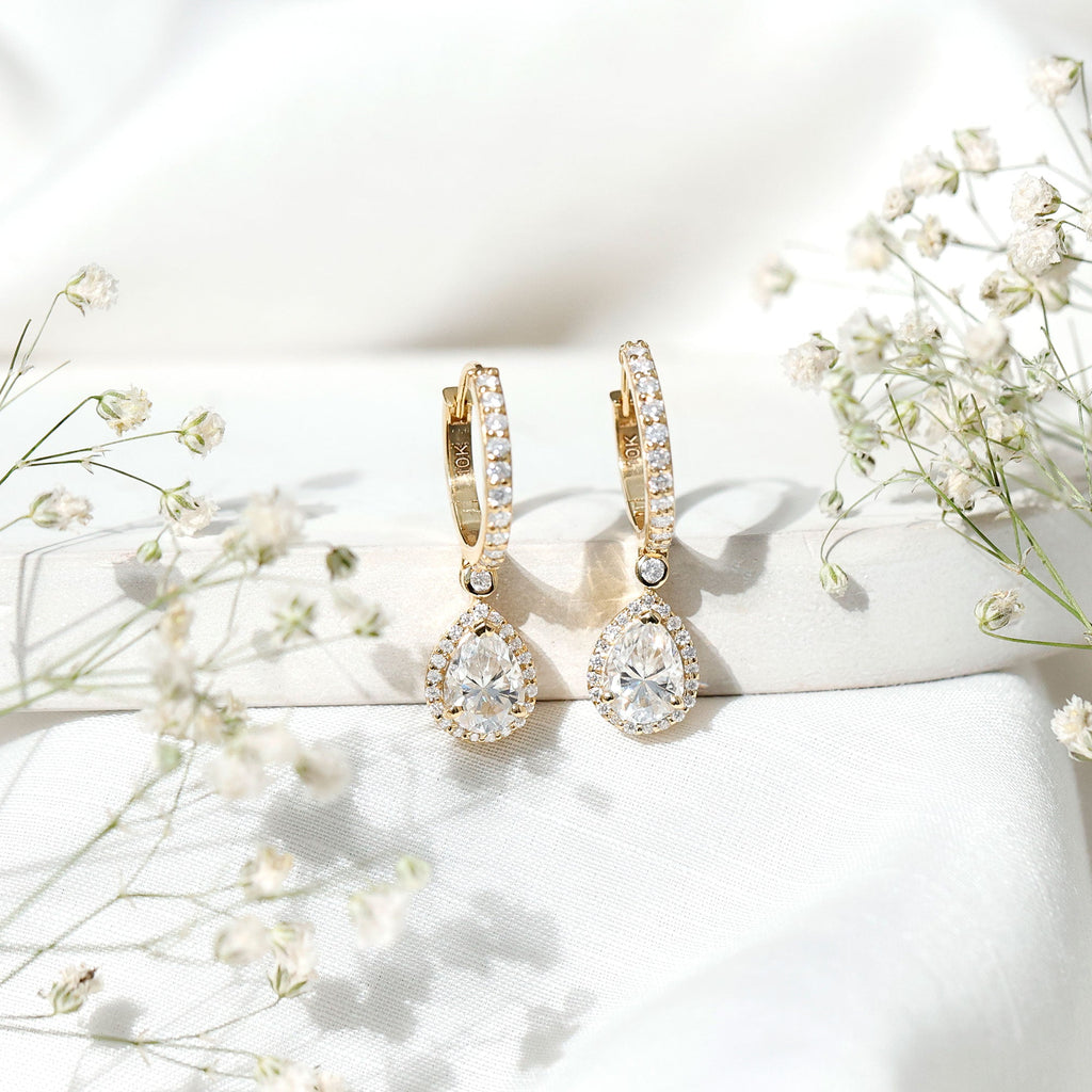 Certified Moissanite Teardrop Earrings with Hinged Hoop