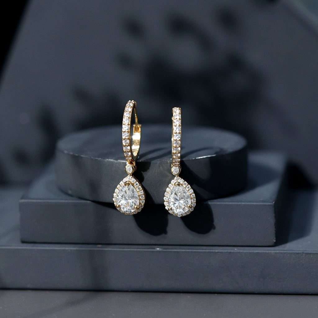 Certified Moissanite Teardrop Earrings with Hinged Hoop