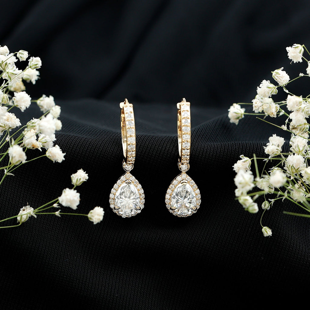 Certified Moissanite Teardrop Earrings with Hinged Hoop