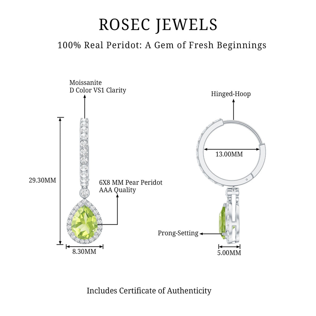 Classic 2 Carat Peridot Teardrop Earrings with Moissanite Hinged Hoop
