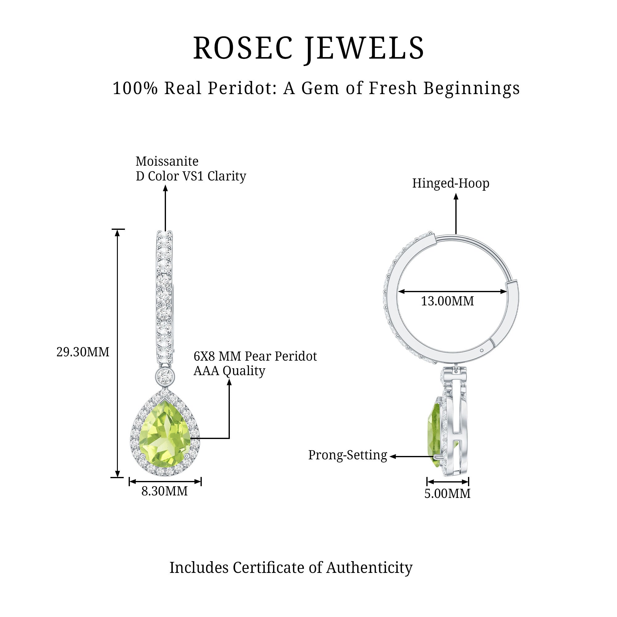 Classic 2 Carat Peridot Teardrop Earrings with Moissanite Hinged Hoop