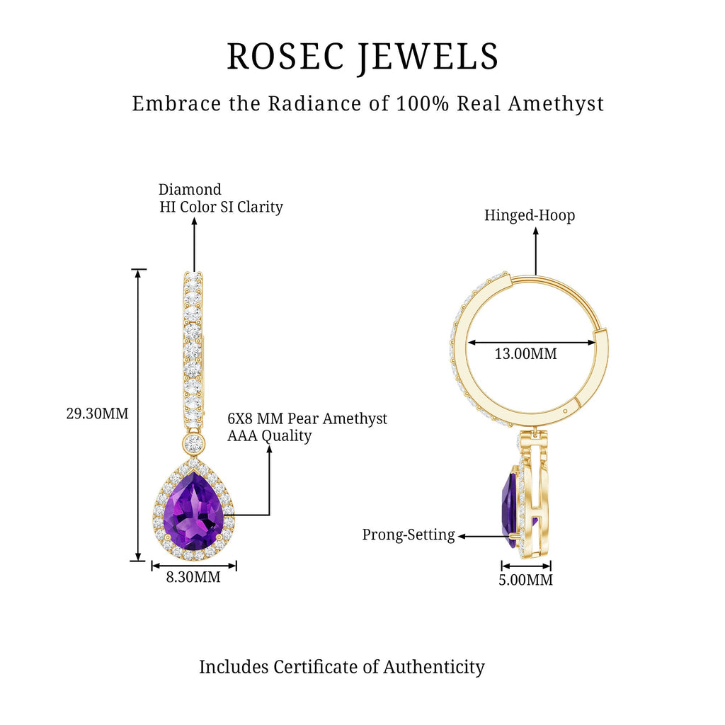 Natural Amethyst Teardrop Earrings with Moissanite Hinged Hoop