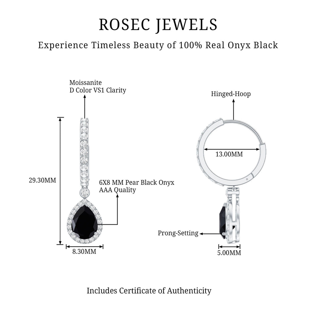 Natural Pear Shape Black Onyx Hoop Drop Earrings