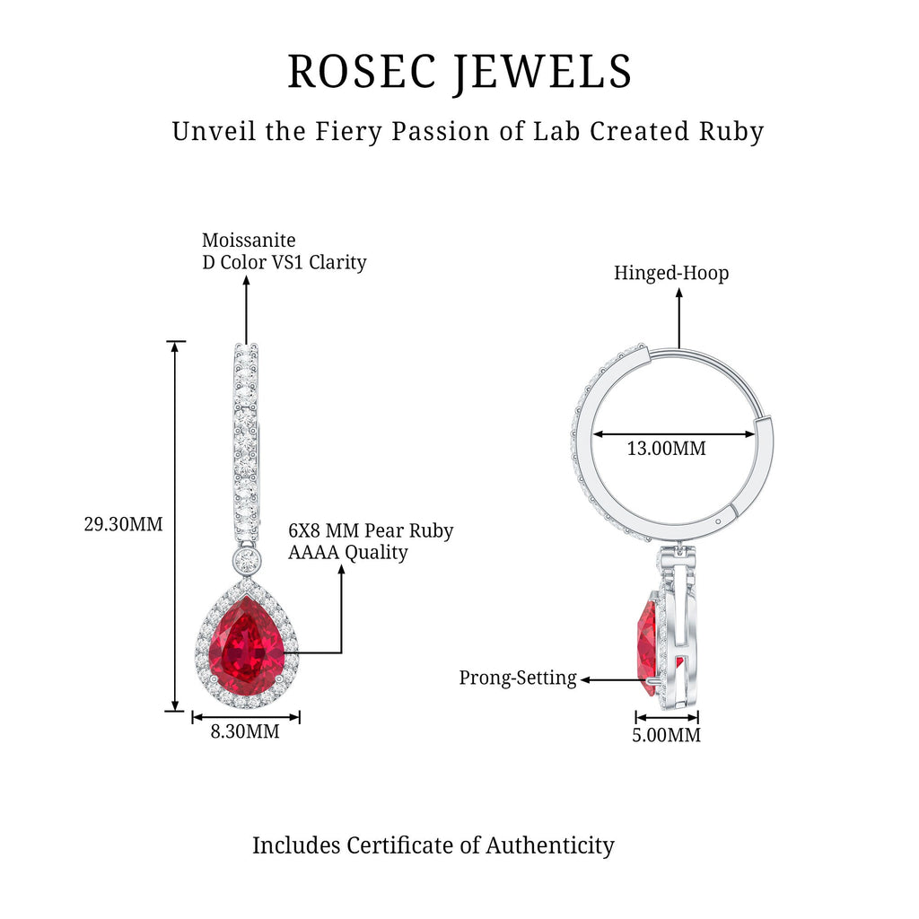 Lab Created Ruby and Moissanite Teardrop Hoop Earrings