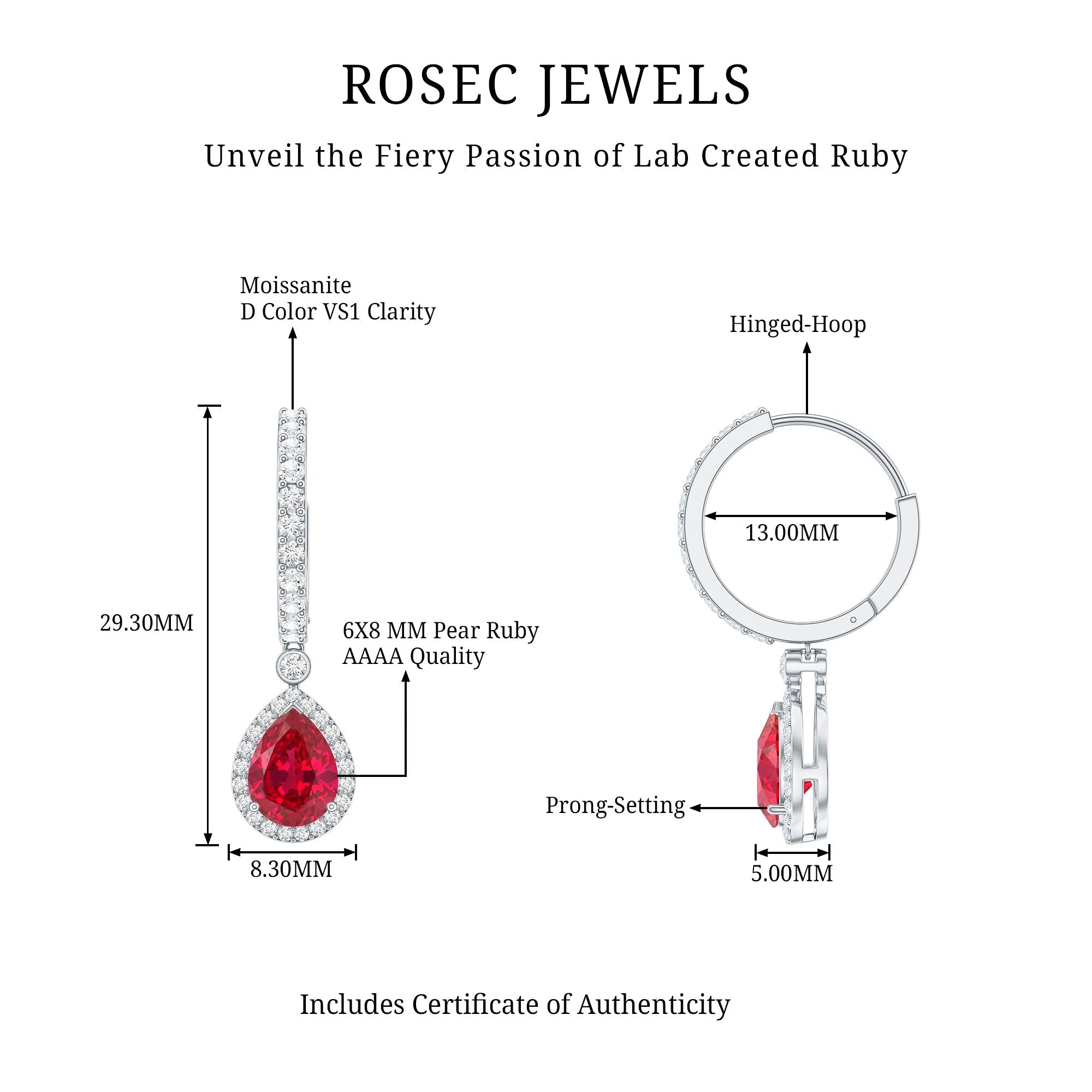 Lab Created Ruby and Moissanite Teardrop Hoop Earrings
