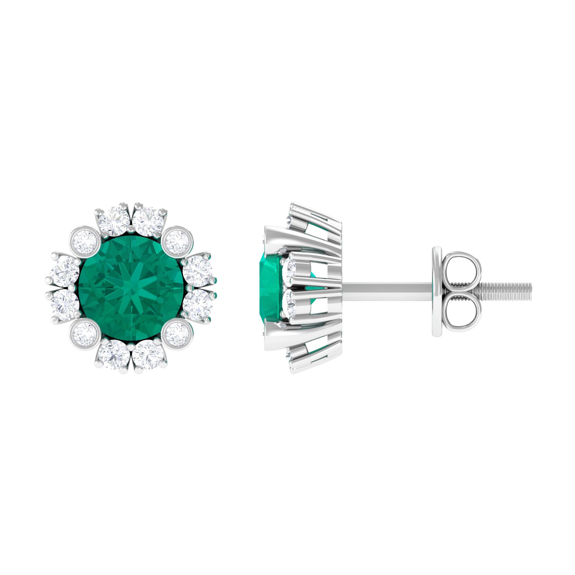 Real 0.99 Carat Emerald and Diamond Halo Stud Earrings