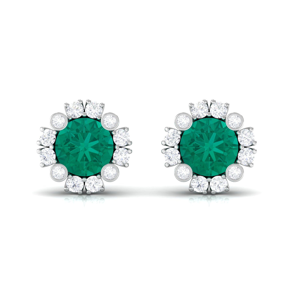 Real 0.99 Carat Emerald and Diamond Halo Stud Earrings