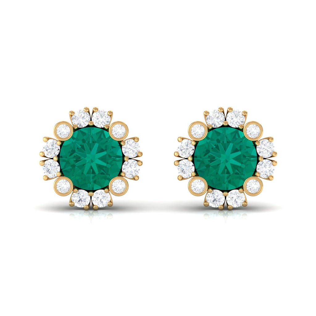 Real 0.99 Carat Emerald and Diamond Halo Stud Earrings