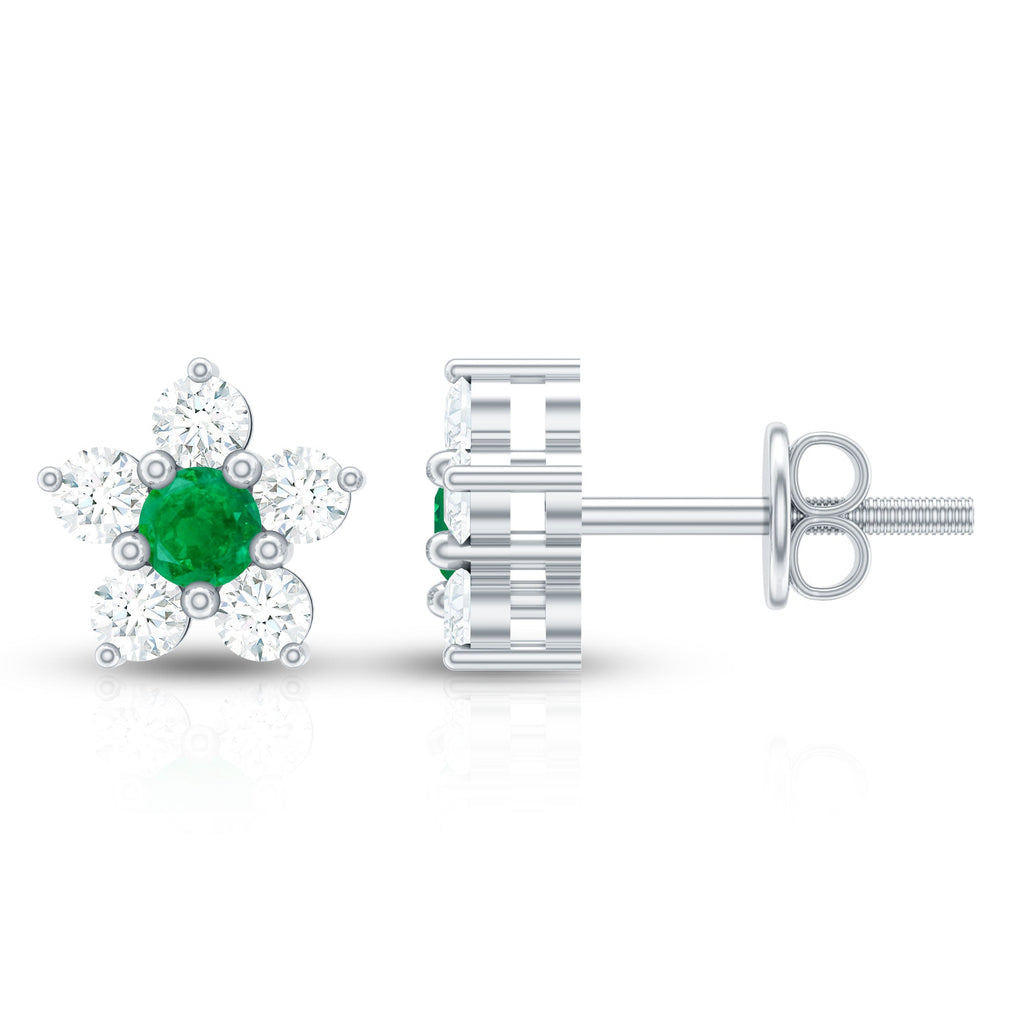 Real Emerald and Diamond Flower Cluster Stud Earrings