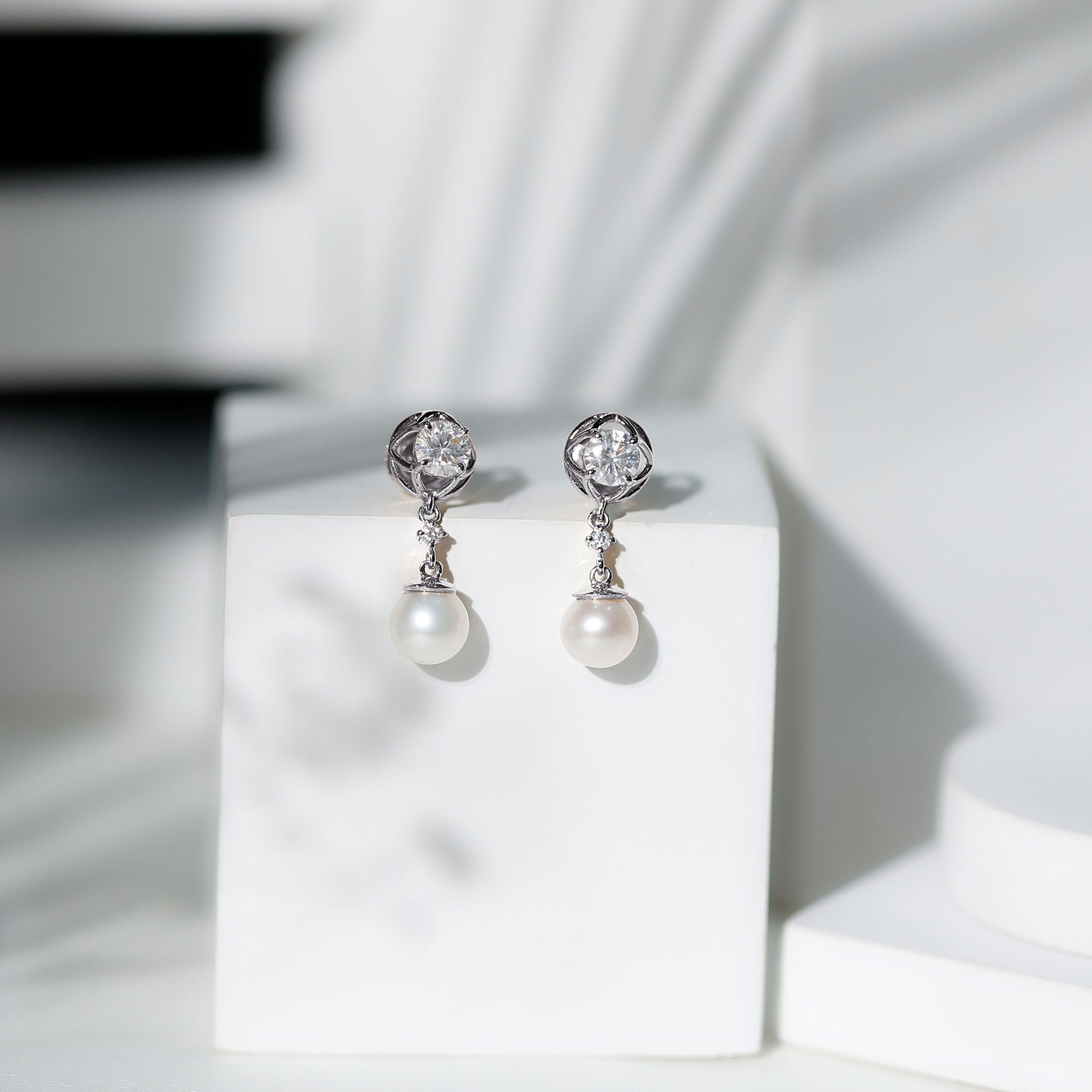 6 Carat Freshwater Pearl Flower Drop Earrings with Moissanite