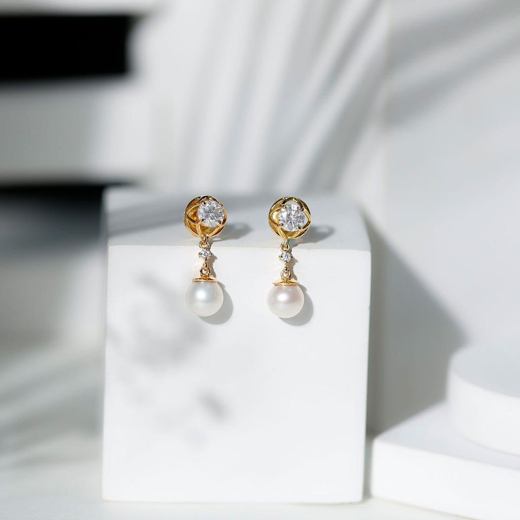 6 Carat Freshwater Pearl Flower Drop Earrings with Moissanite