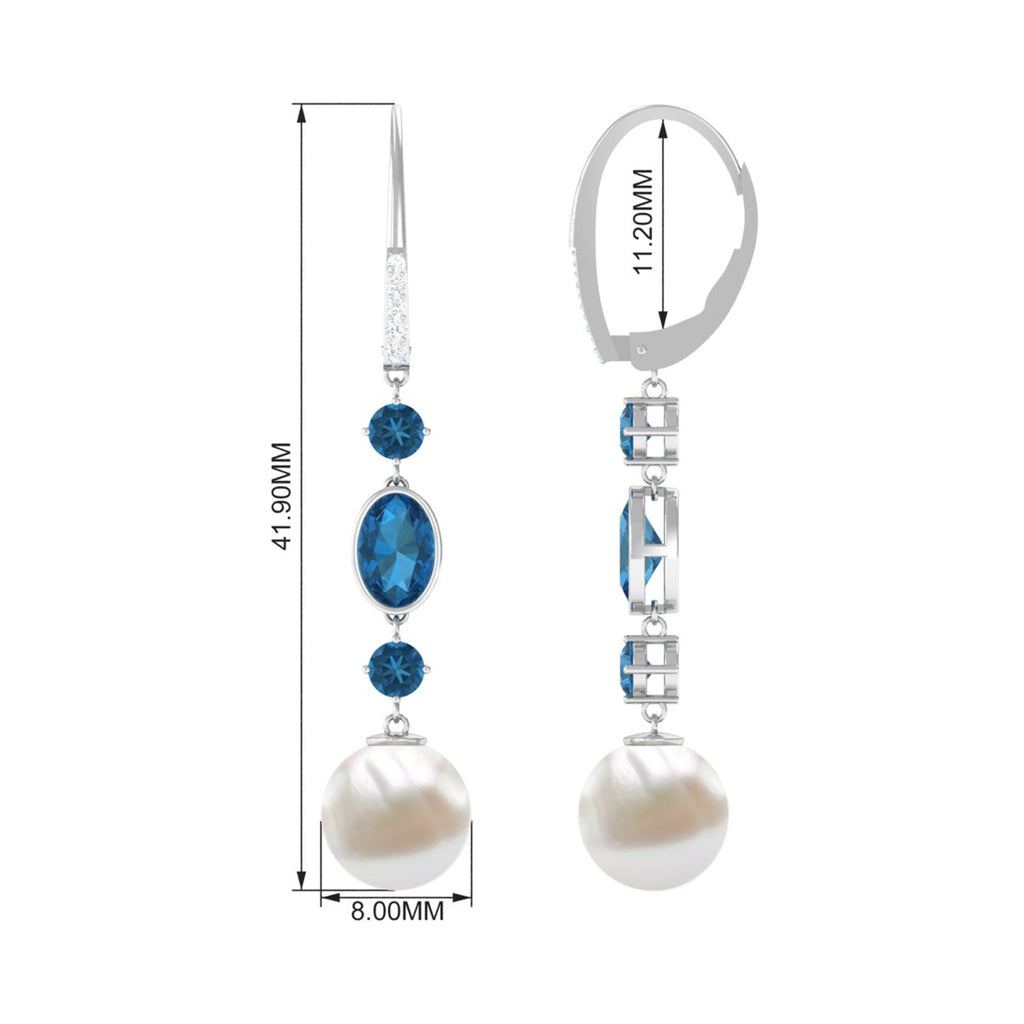 Freshwater Pearl and Blue Topaz Dangle Earrings with Diamond