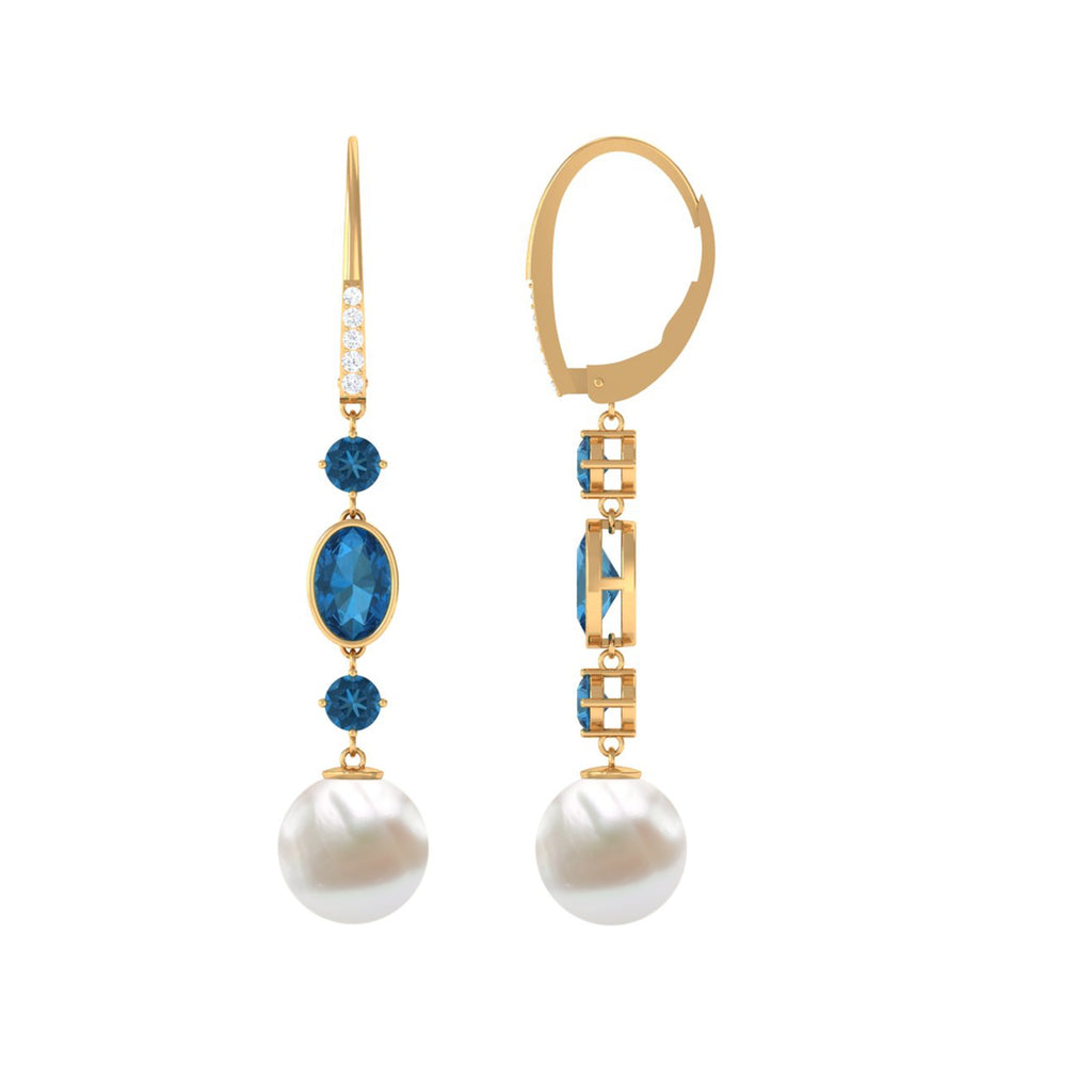 Freshwater Pearl and Blue Topaz Dangle Earrings with Diamond