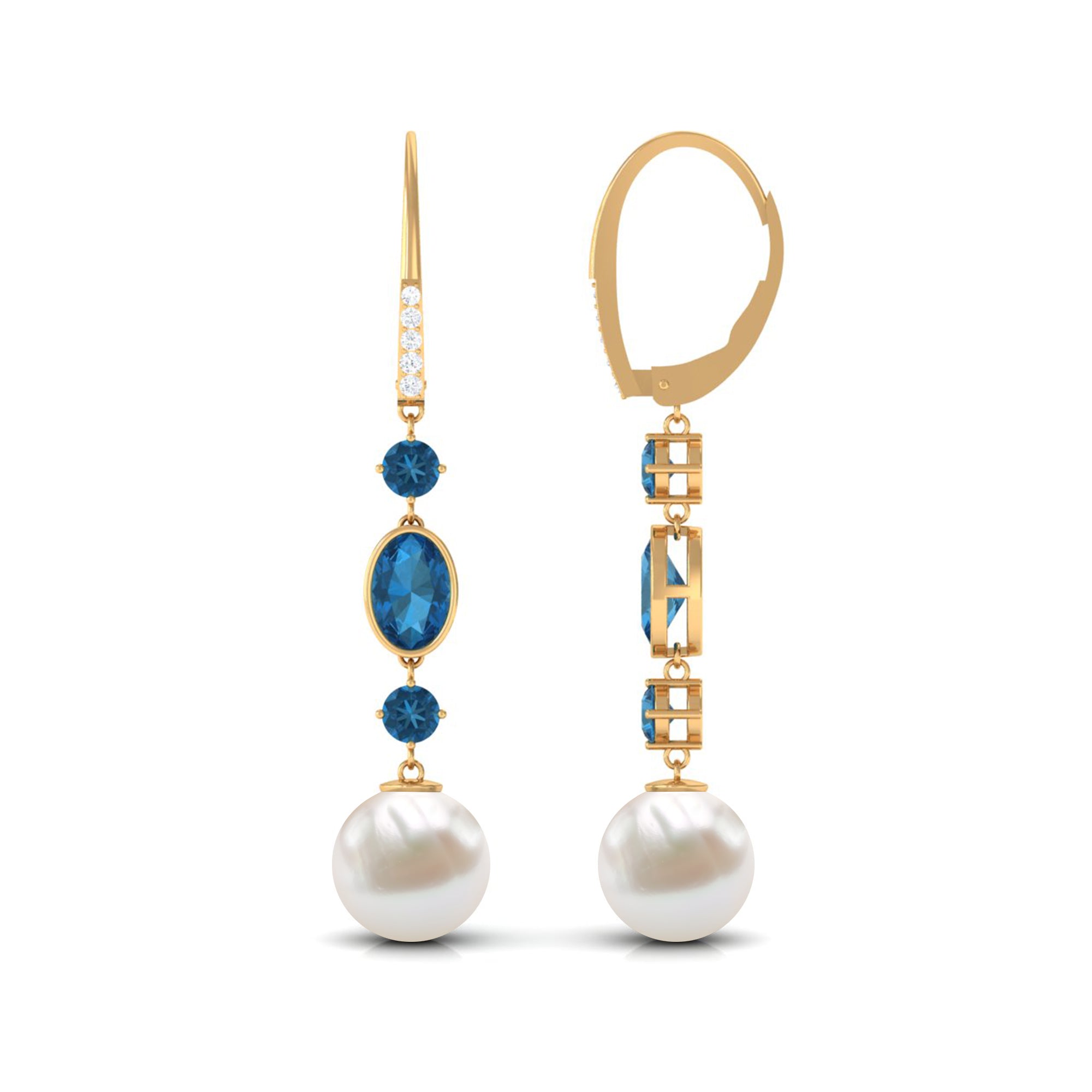 Freshwater Pearl and Blue Topaz Dangle Earrings with Diamond