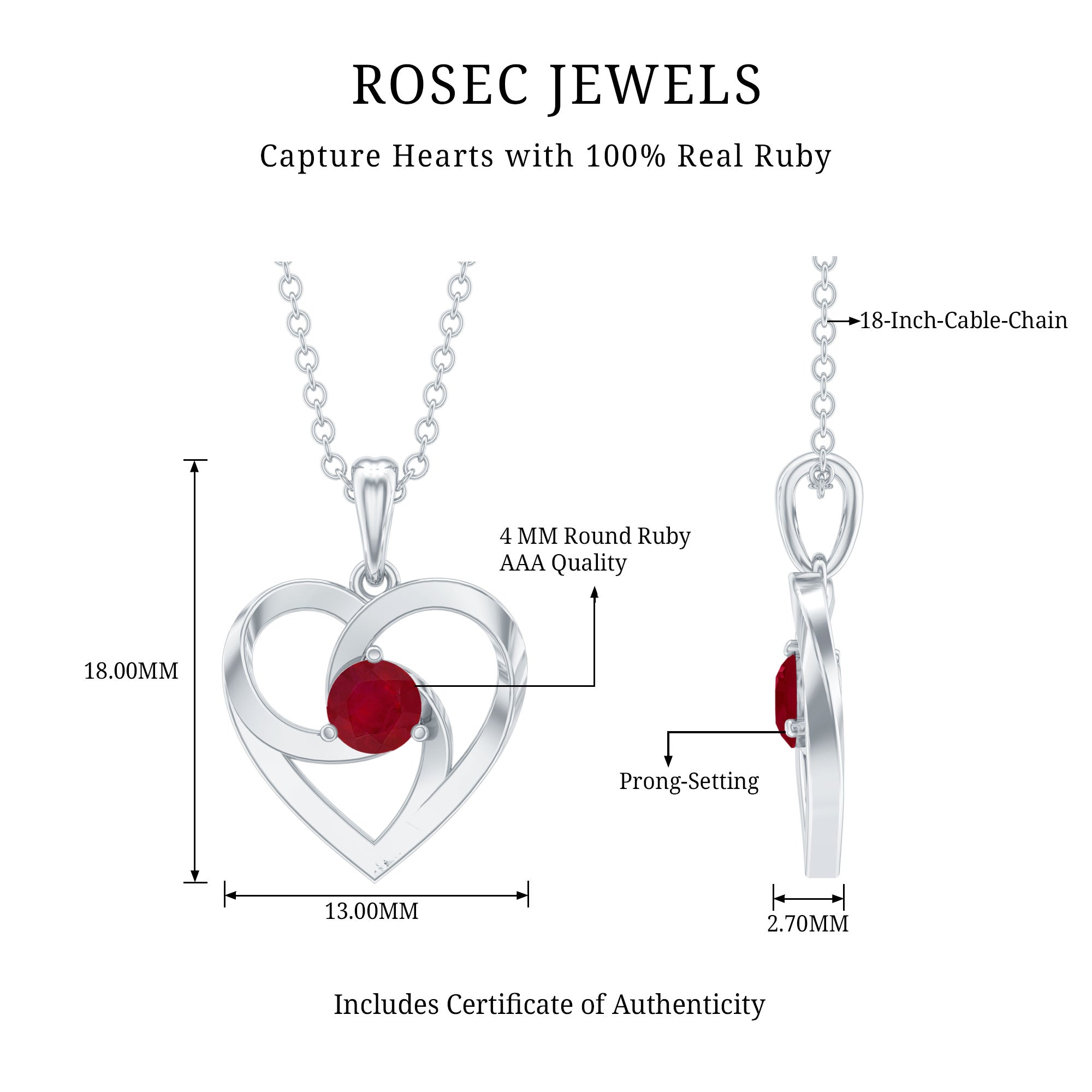0.25 Carat Round Cut Solitaire Ruby Heart Pendant Necklace