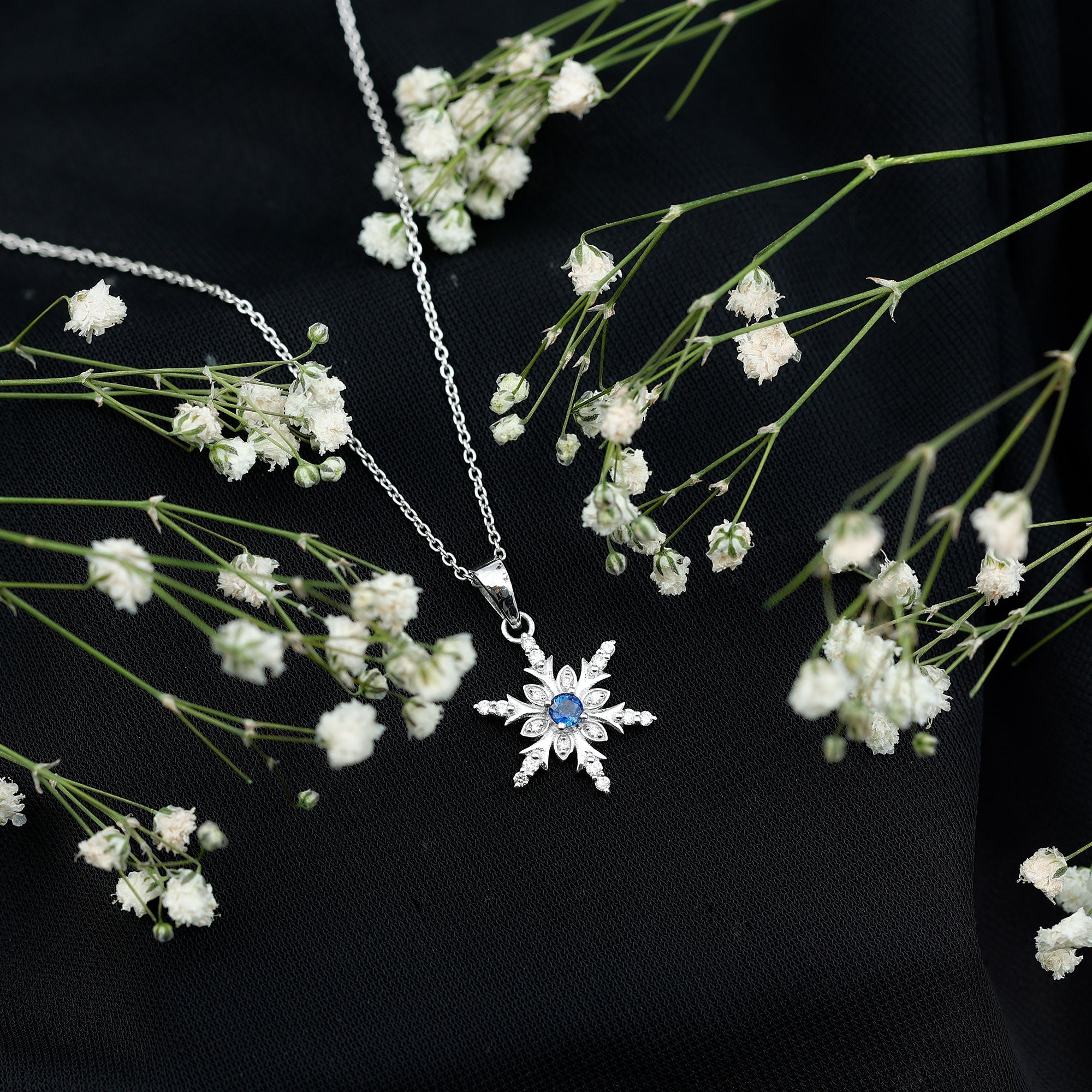 Contemporary Blue Sapphire and Diamond Snowflake Pendant Necklace