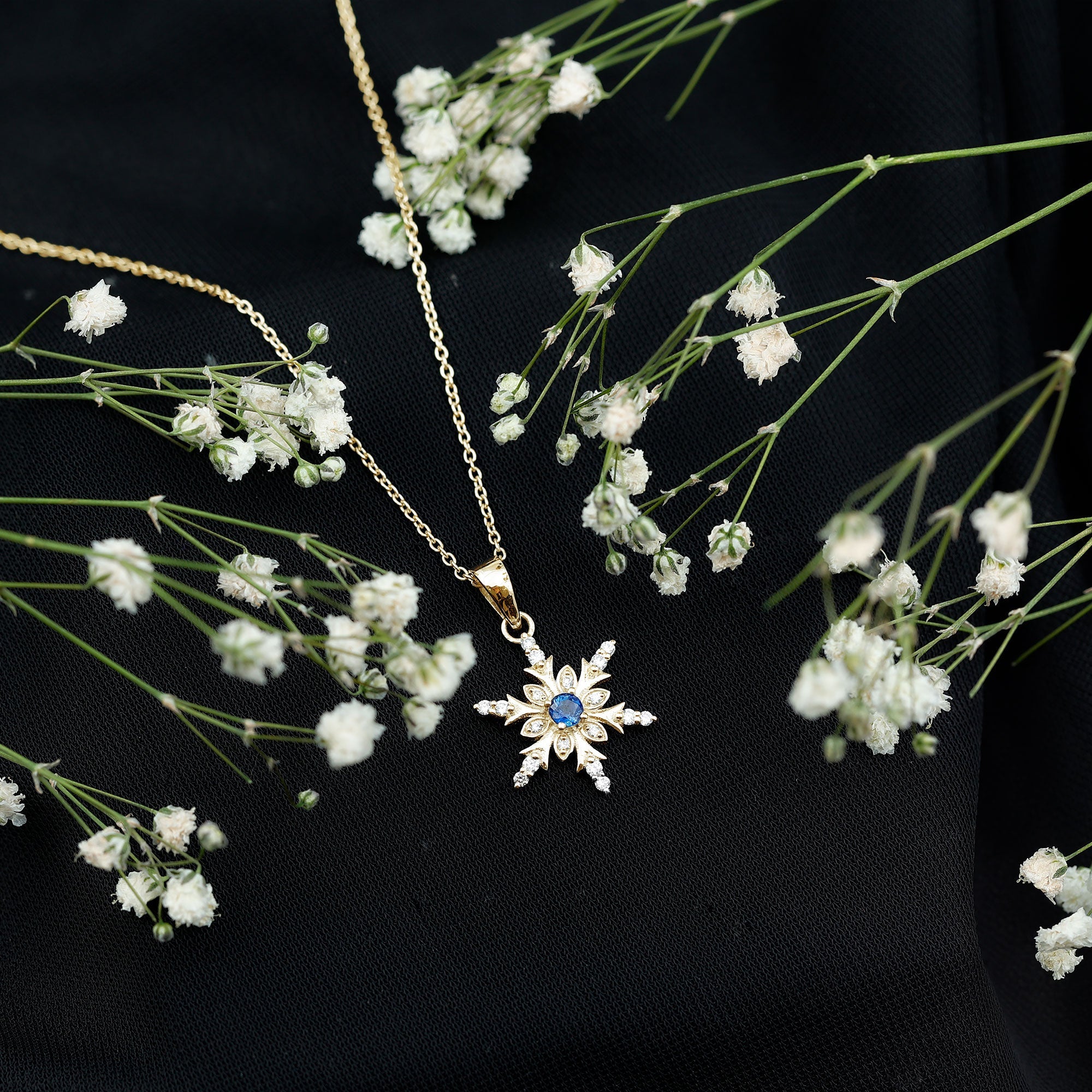 Contemporary Blue Sapphire and Diamond Snowflake Pendant Necklace