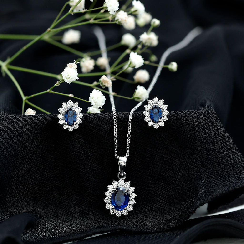 Oval Shaped Lab Created Blue Sapphire Necklace and Earrings Set with Moissanite Halo