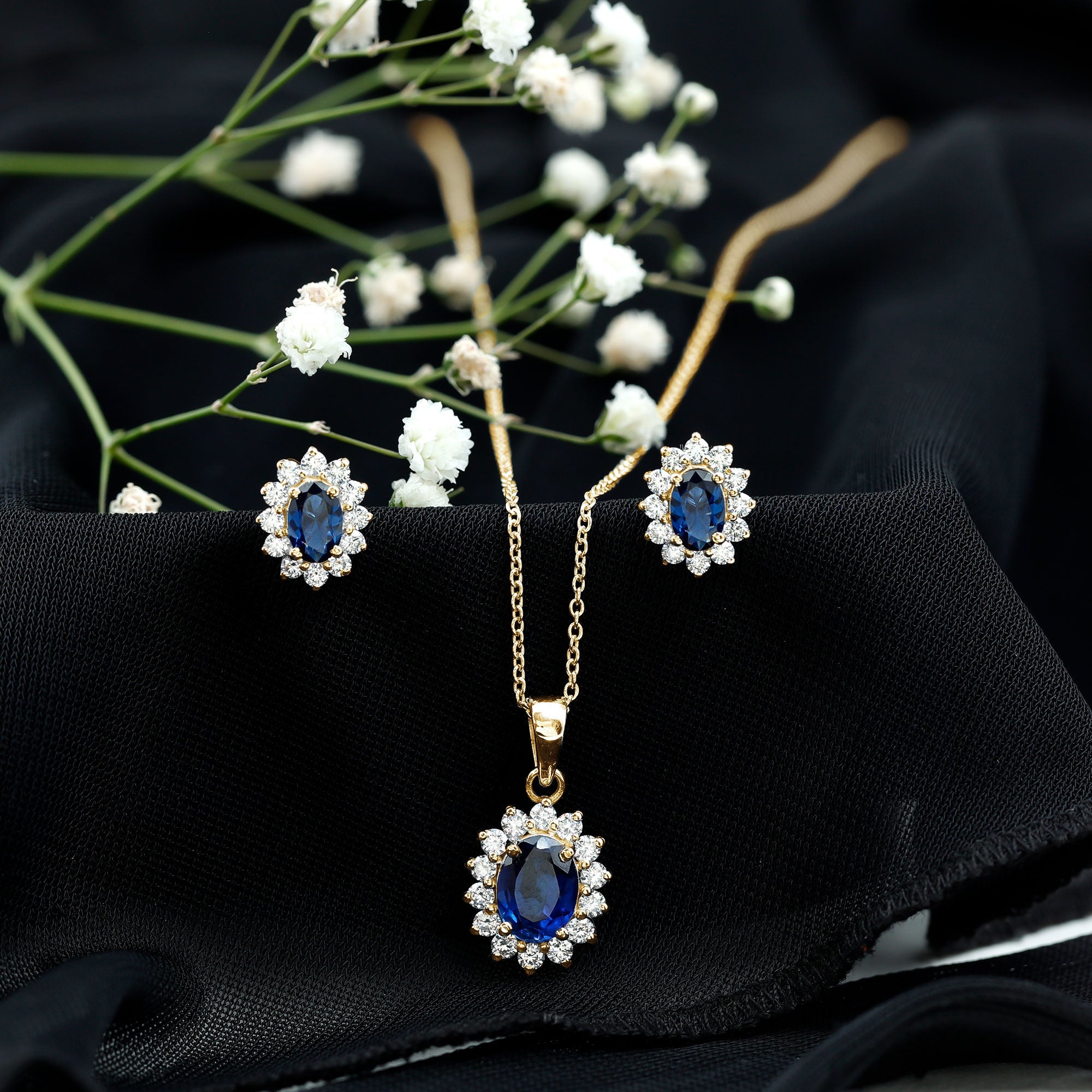 Oval Shaped Lab Created Blue Sapphire Necklace and Earrings Set with Moissanite Halo