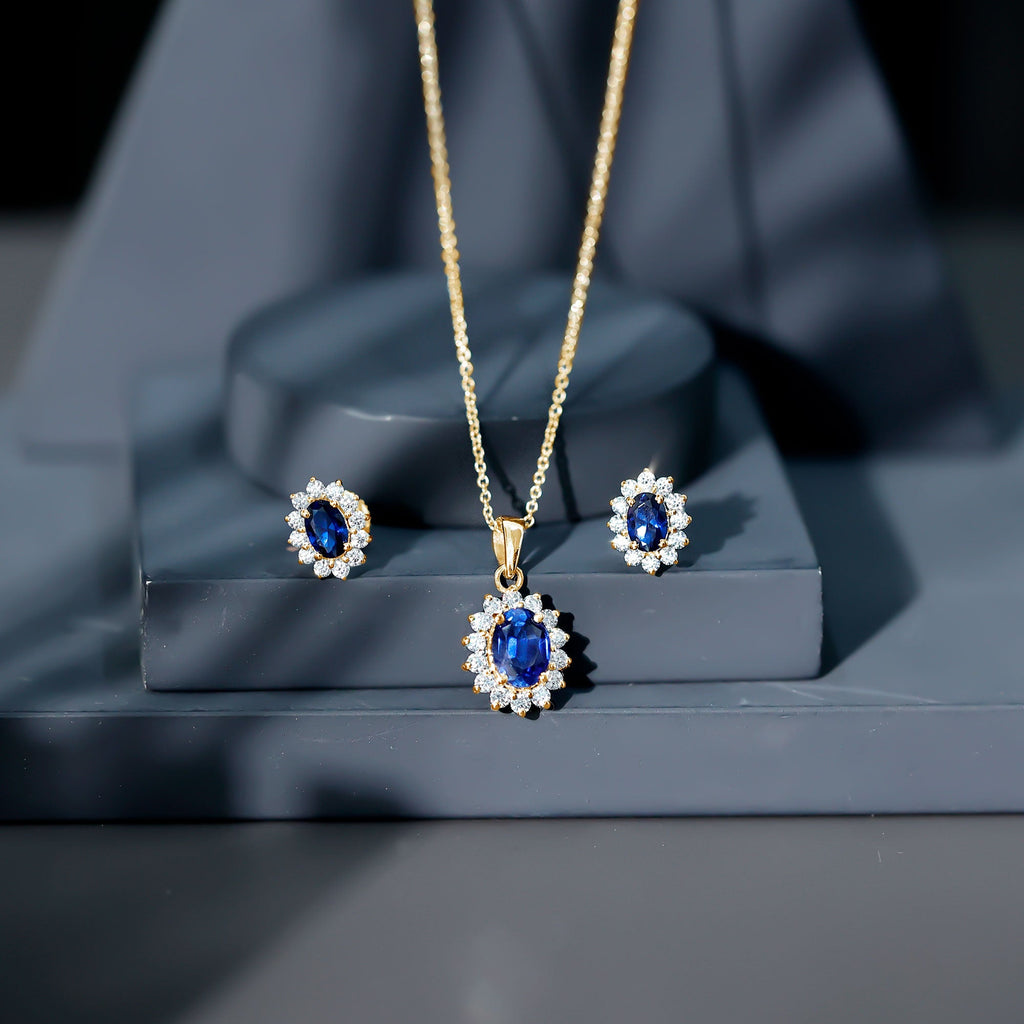 Oval Shaped Lab Created Blue Sapphire Necklace and Earrings Set with Moissanite Halo