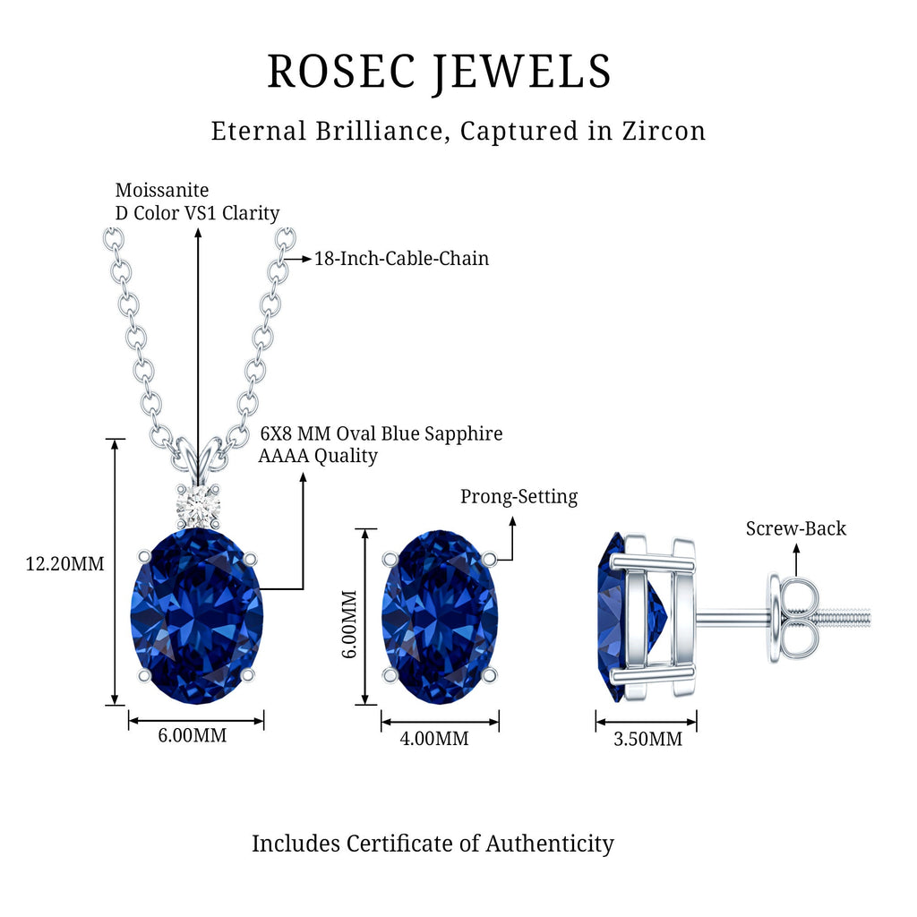 Lab Grown Blue Sapphire Solitaire Jewelry Set with Moissanite