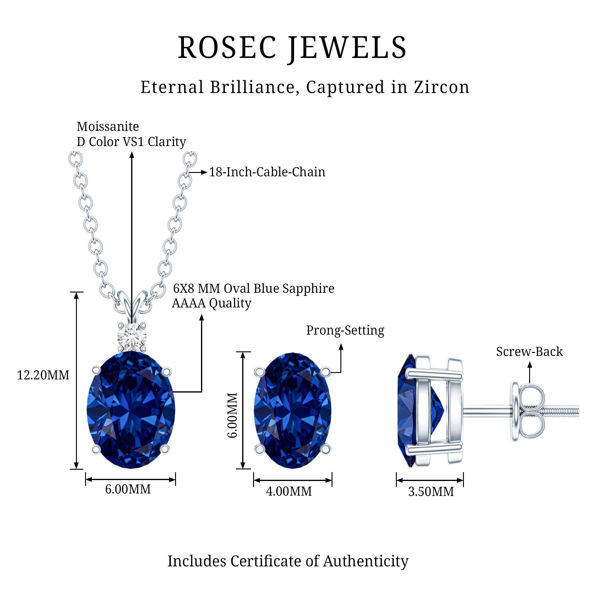 Lab Grown Blue Sapphire Solitaire Jewelry Set with Moissanite