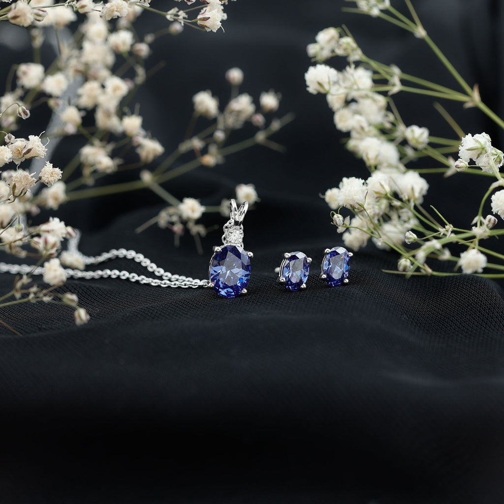 Lab Grown Blue Sapphire Solitaire Jewelry Set with Moissanite