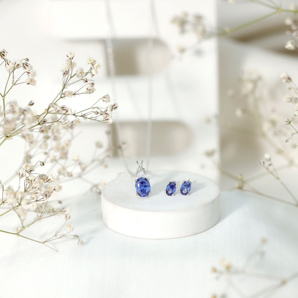 Lab Grown Blue Sapphire Solitaire Jewelry Set with Moissanite