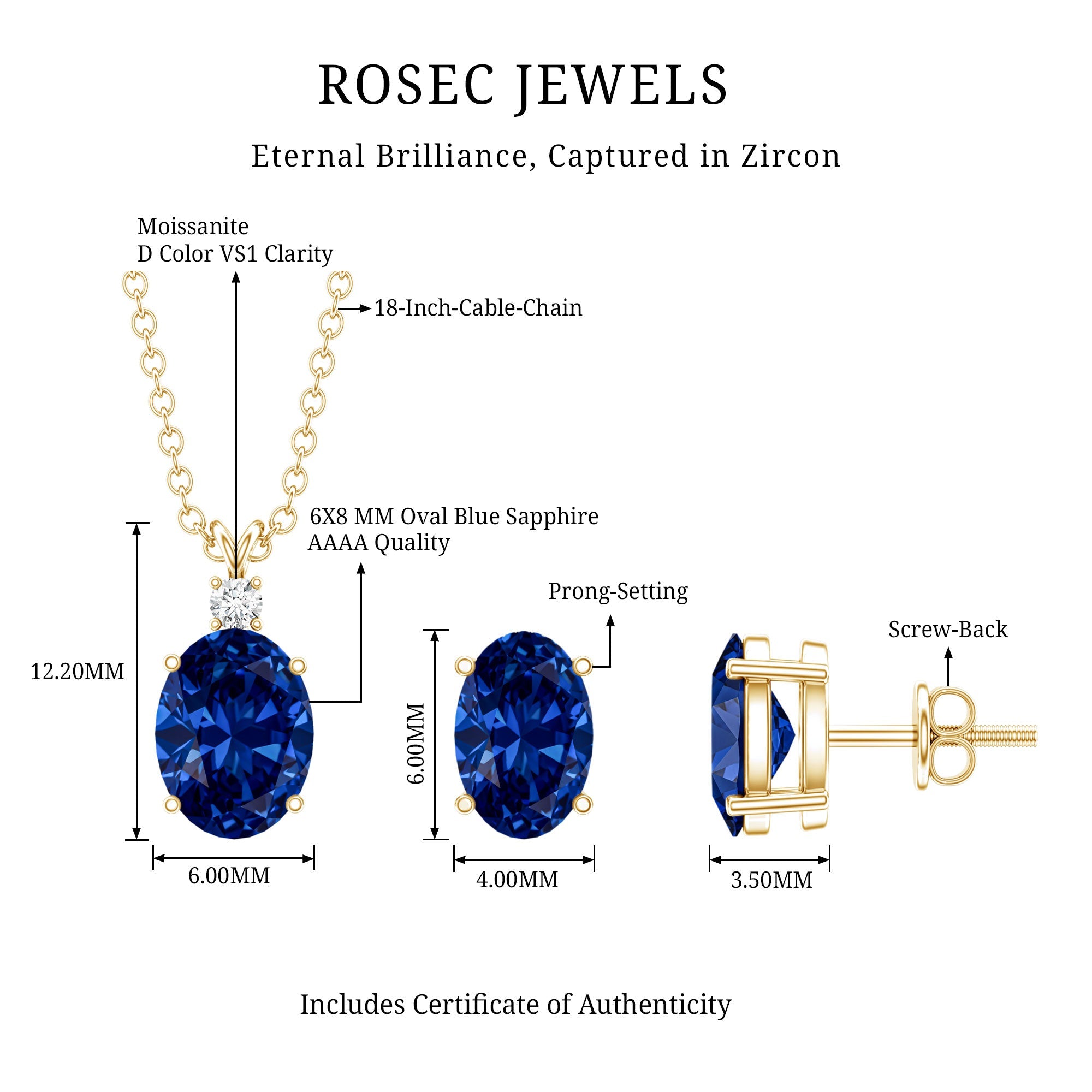 Lab Grown Blue Sapphire Solitaire Jewelry Set with Moissanite