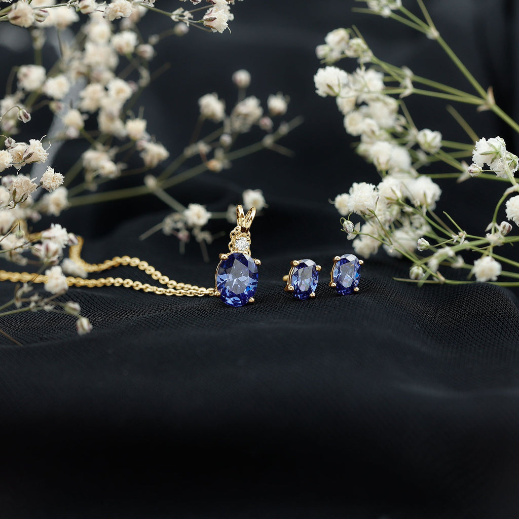 Lab Grown Blue Sapphire Solitaire Jewelry Set with Moissanite
