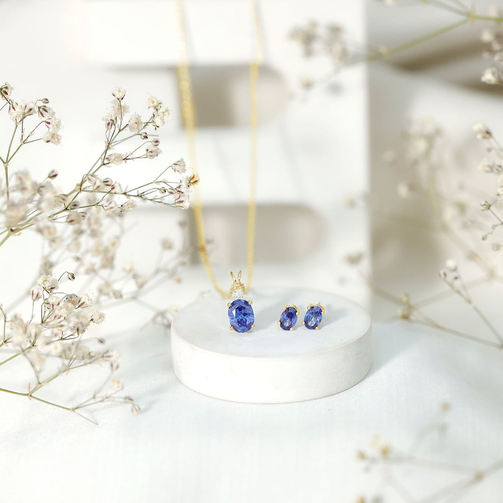 Lab Grown Blue Sapphire Solitaire Jewelry Set with Moissanite