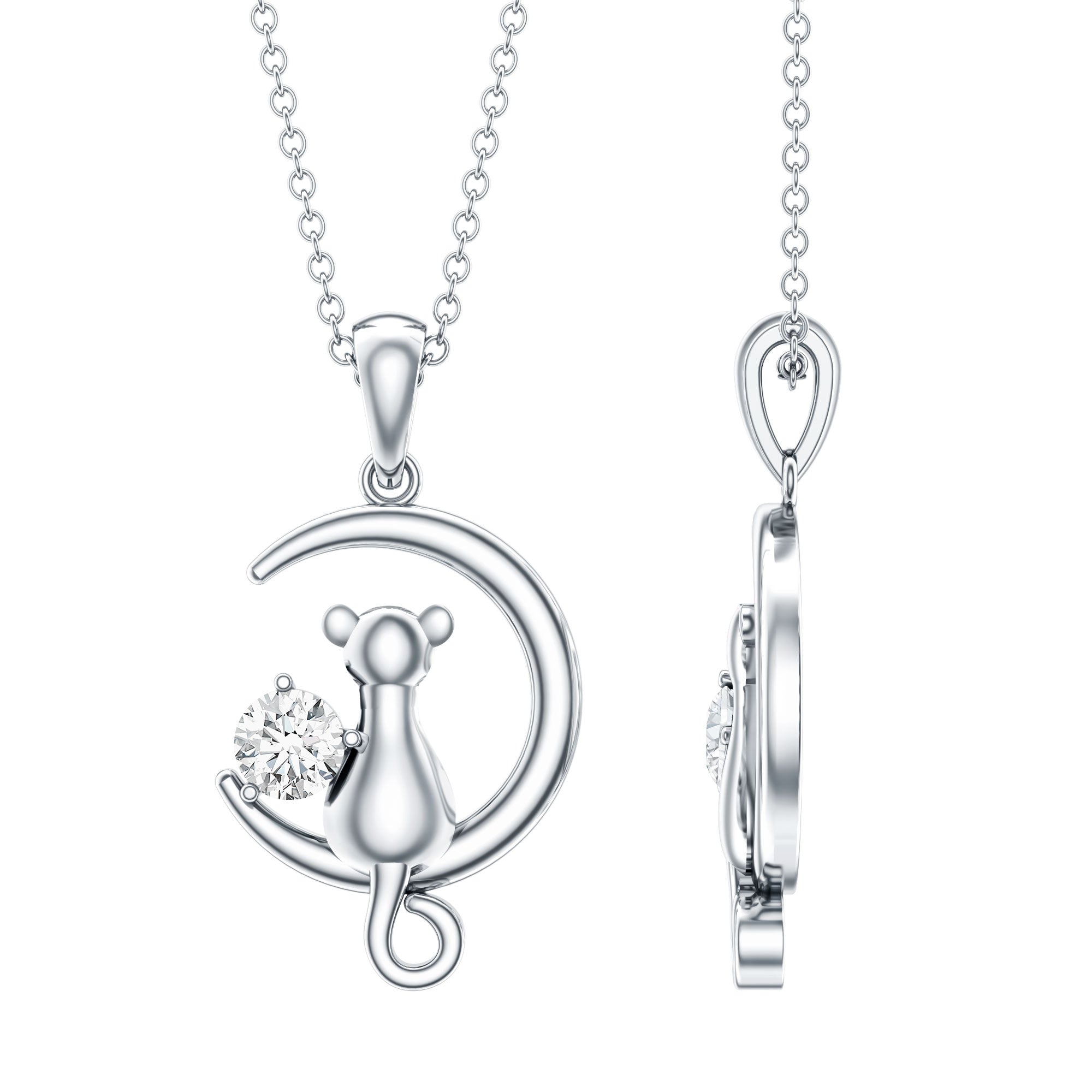 Certified Diamond Cat on Moon Necklace