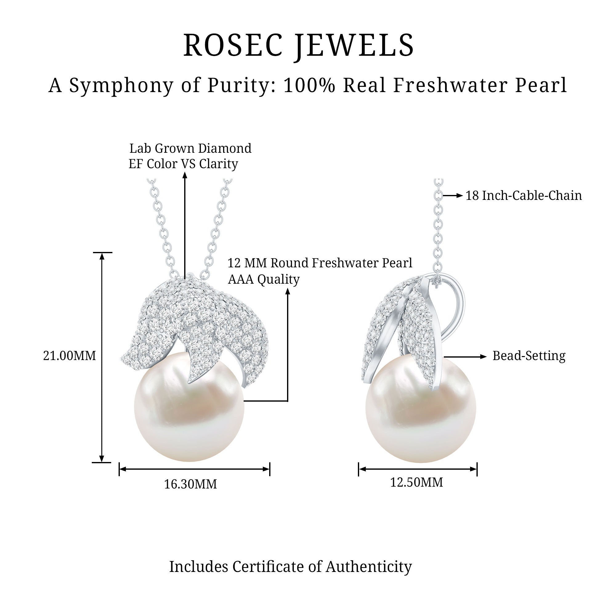 Certified Freshwater Pearl Bridal Necklace with Lab Diamond