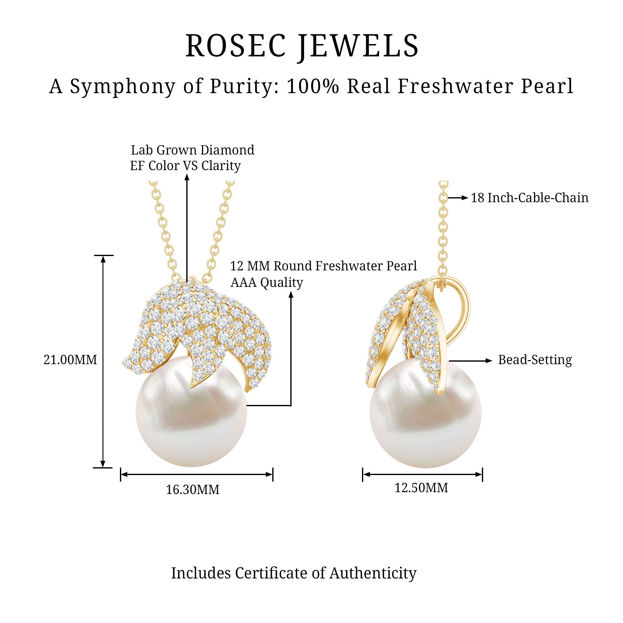 Certified Freshwater Pearl Bridal Necklace with Lab Diamond