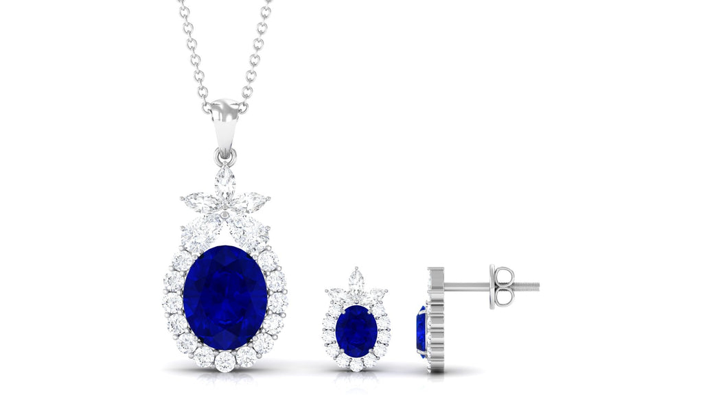 Lab Created Blue Sapphire Floral Jewelry Set with Moissanite