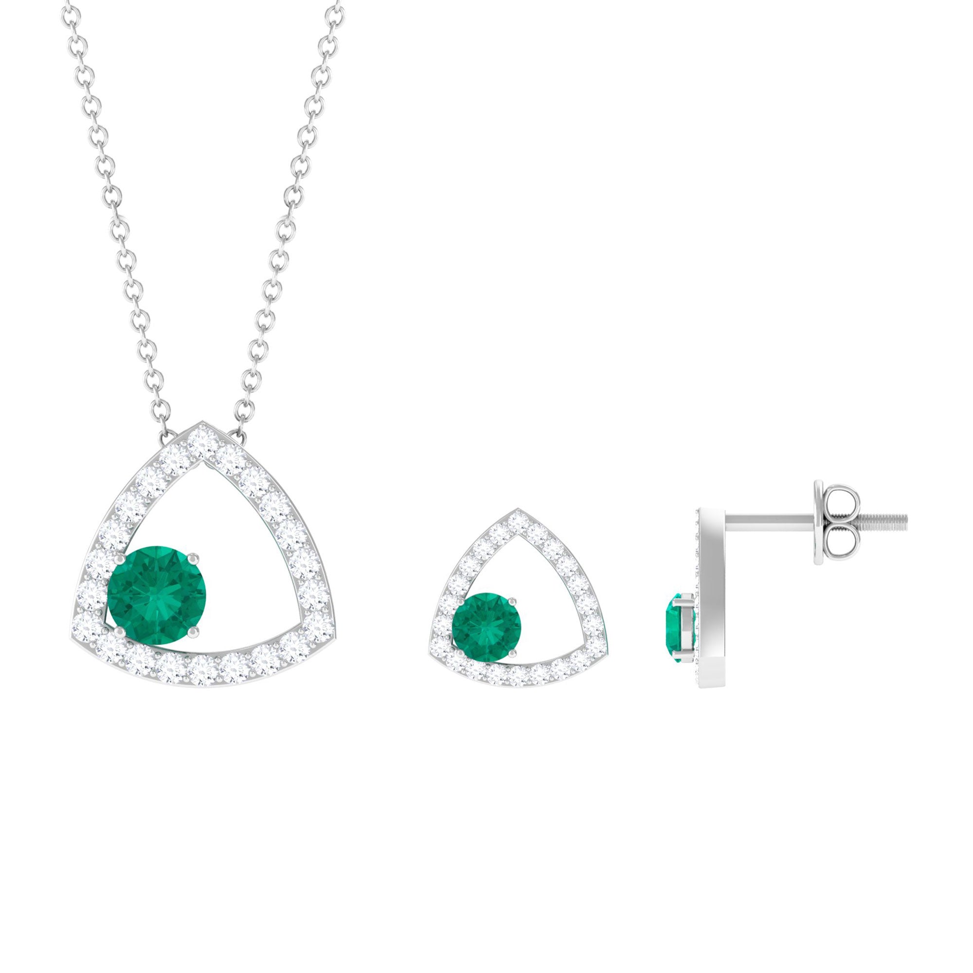 Certified Natural Emerald Geometric Necklace and Earrings Set with Moissanite